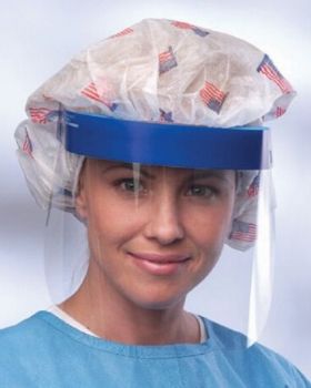Full Face Shield, clear with blue header on female health professional in USA - First-Res